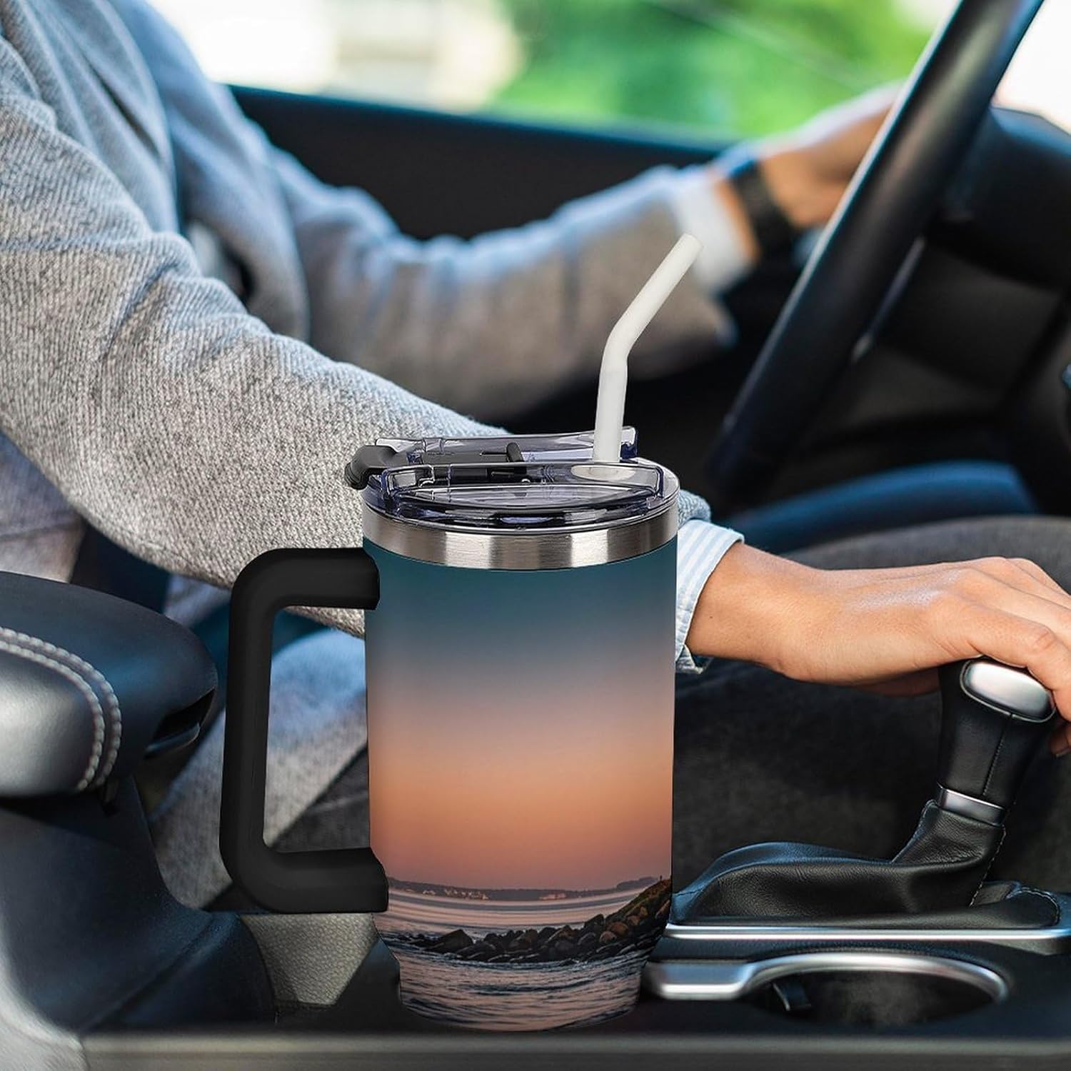 Portland River Lighthouse Sunrise Travel Coffee Mug Reusable Durable Stainless Steel Insulated Tumbler with Handle And Straw Leak Resistant Portable Thermal Cup Gifts for Men Women 40 Oz