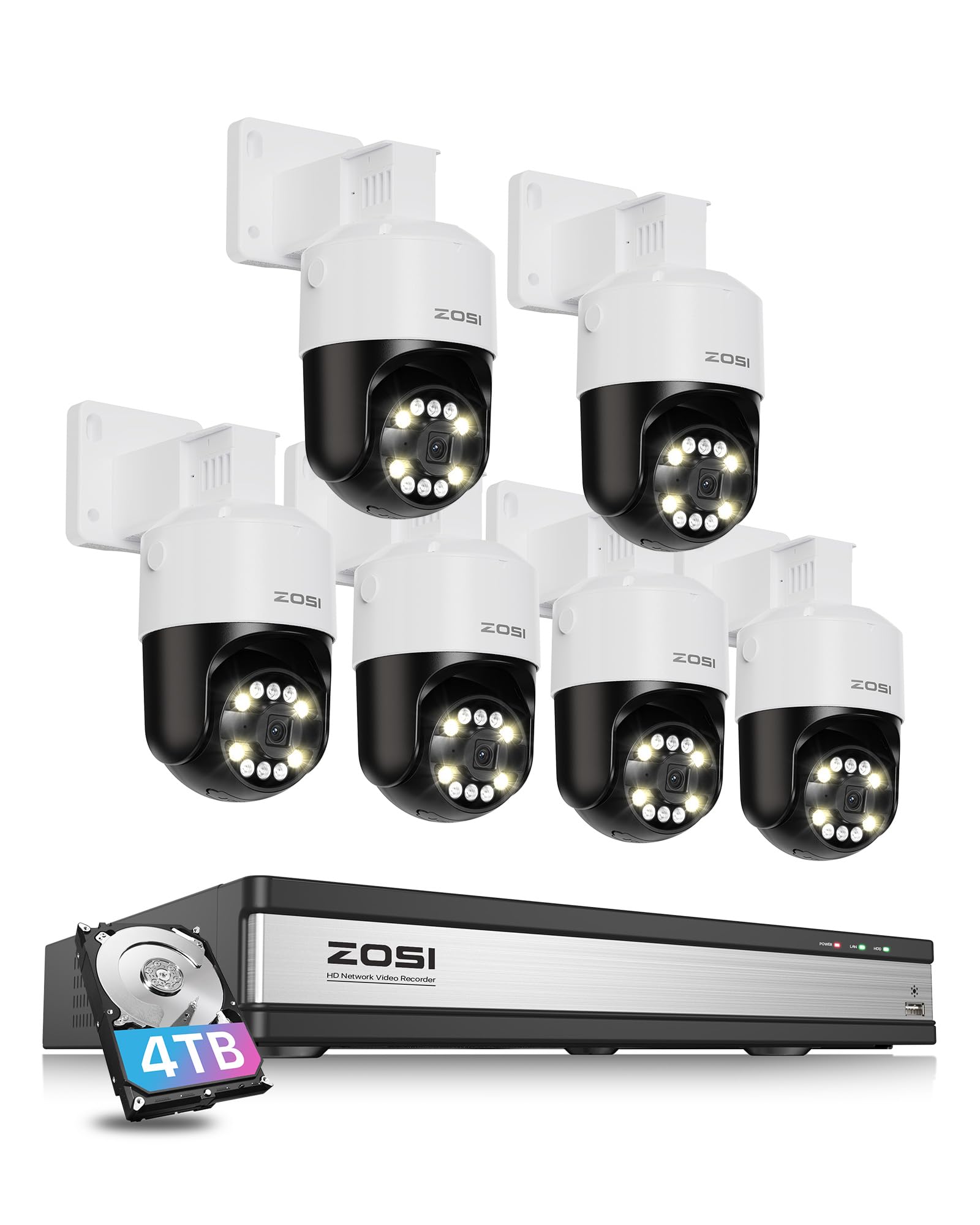 ZOSI 4K PoE Home Security Camera System with AI Face Person Vehicle Detect, 4 x 5MP 3K Pan/Tilt PoE IP Camera Outdoor, Auto Track, 5X Digital Zoom, 2-Way Audio, 8CH 8MP NVR(16CH Expandable), 2TB HDD