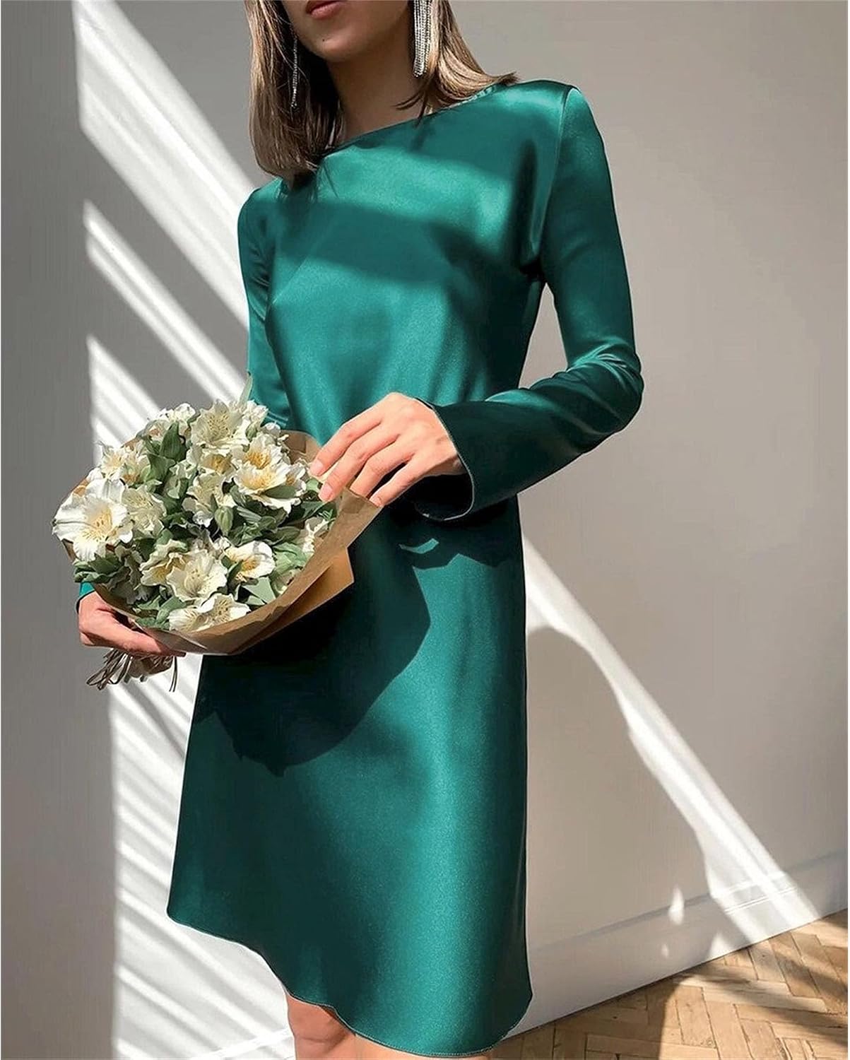 Women's Satin Cocktail Dresses Elegant Mock Neck Long Sleeve High Waist Dress Wedding Guest Party Mini Dresses