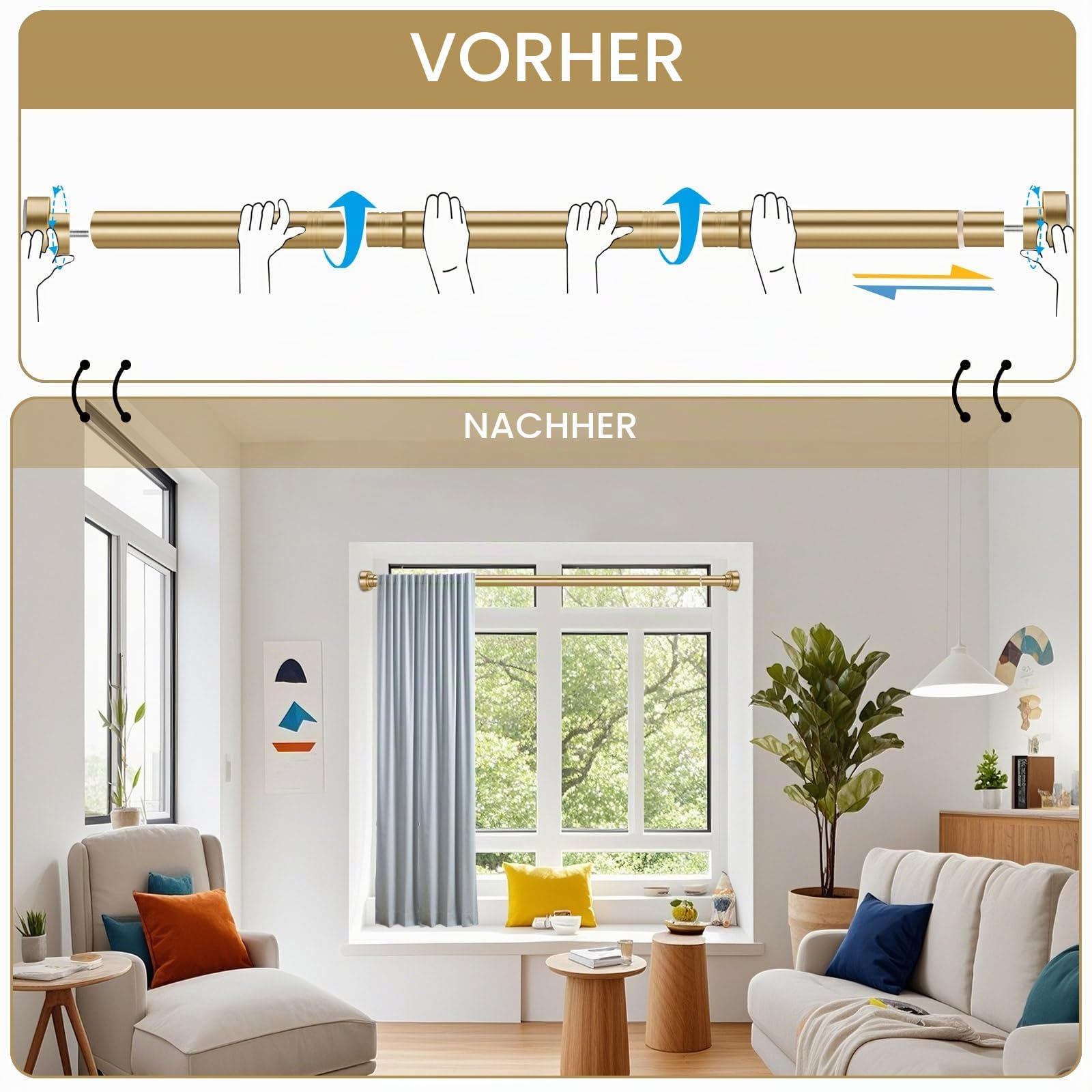YNL Duschvorhangstange 86,4-213,4 cm (34-82 Zoll), mit 12 Duschvorhangringen, verstellbare goldene Duschstange ohne Bohren, rutschfest, rostet nicht, Edelstahl, geeignet für Badezimmerfenster,