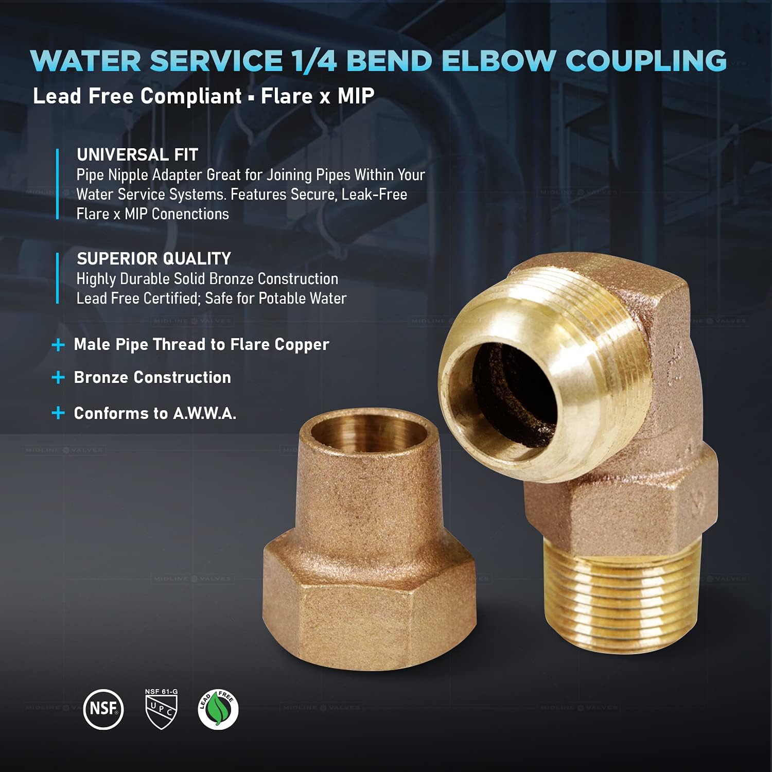 Midline Valve XT-FGN0112 Water Service Elbow 1-1/2 in. Flare x MIP Pipe Fitting Bronze, 1-1/2"
