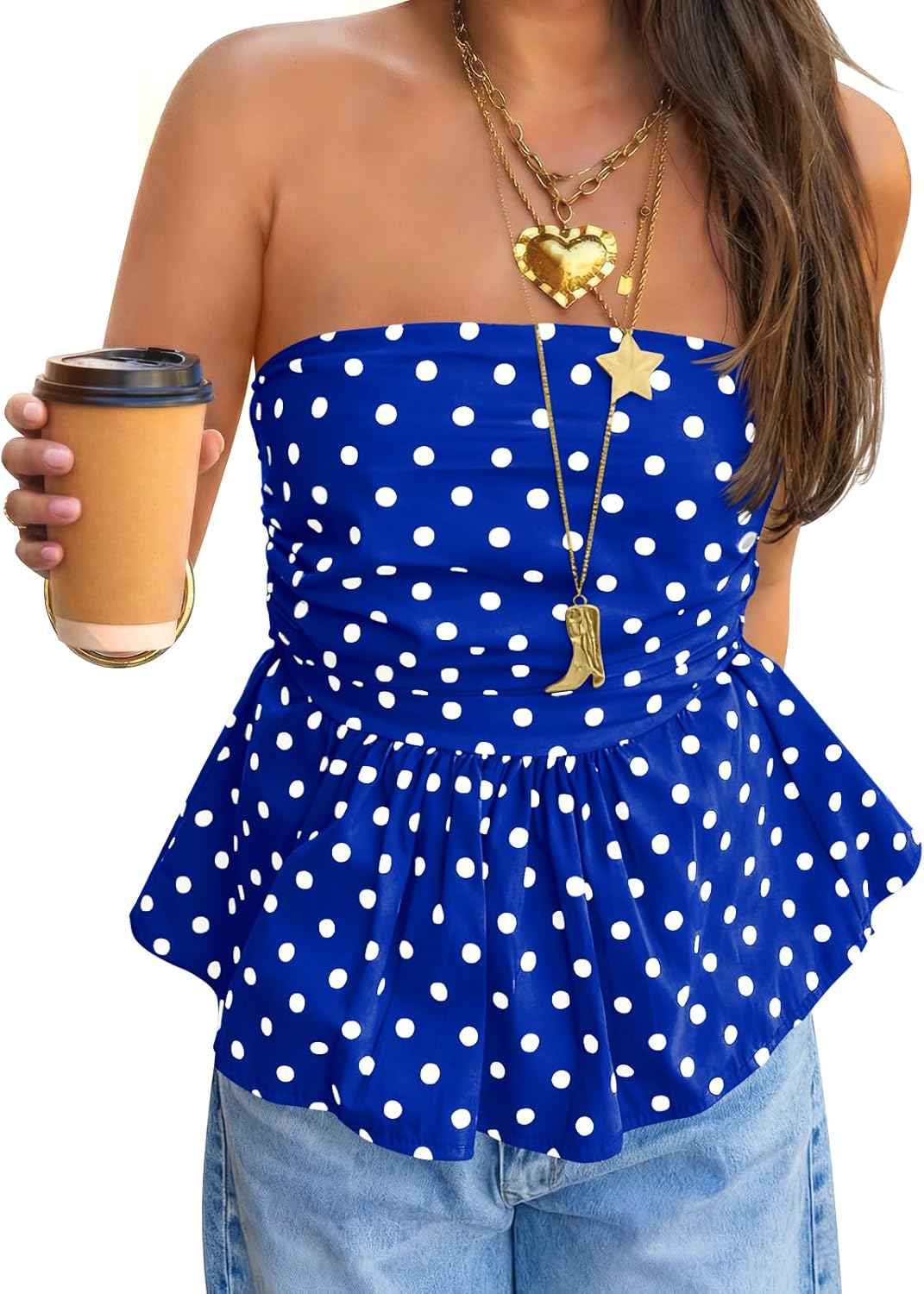 Tankaneo Womens Strapless Polka Dot Tube Tops Cute Backless Peplumn Ruffle Hem Bandeau Top Slim Fit Y2k Tank Tops