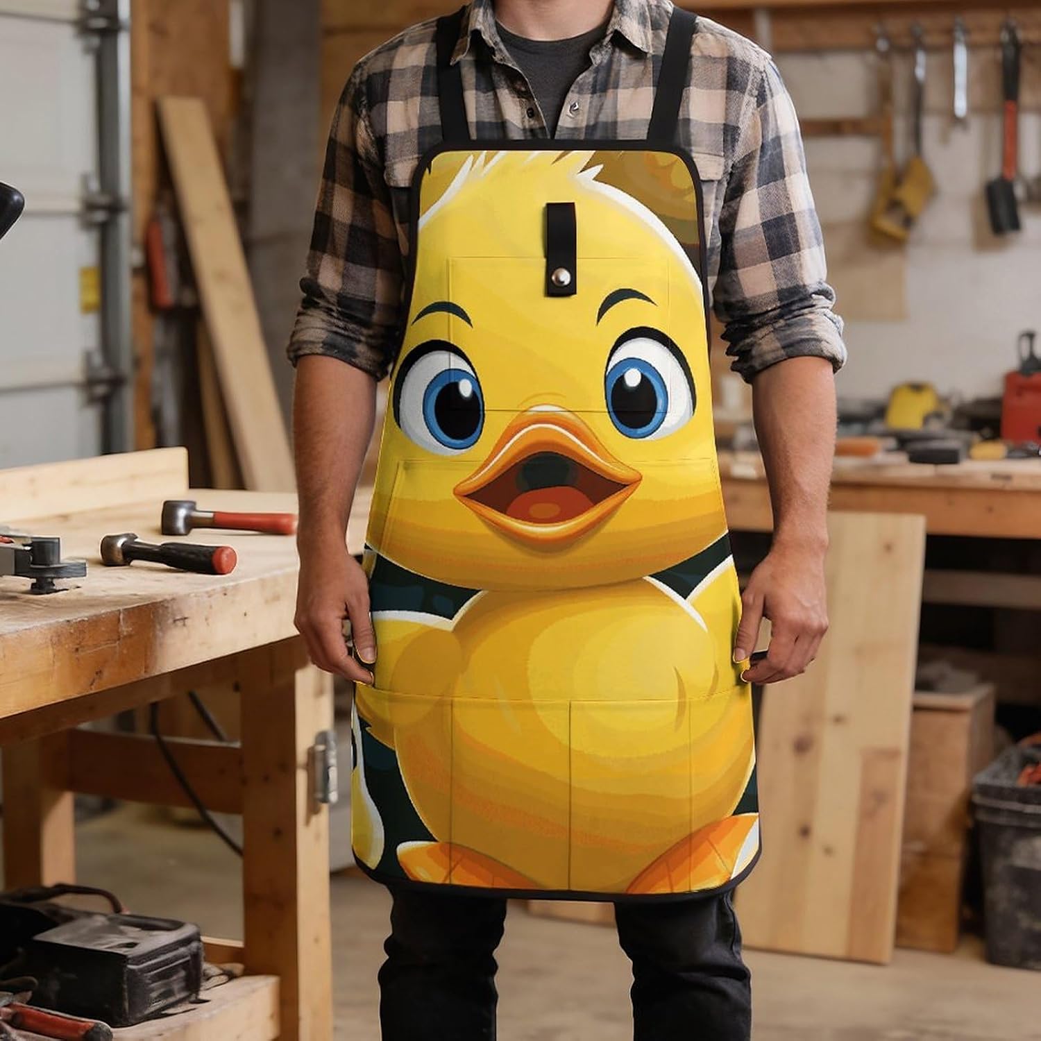 Cute Duck Animal Work Apron with Pockets, Adjustable Tool Bag for Women, Welder Aprons for Men, Workshop Apron, Tool Storage Bags for Woodworker, Blacksmith, 28.5" X 23.6" image 5