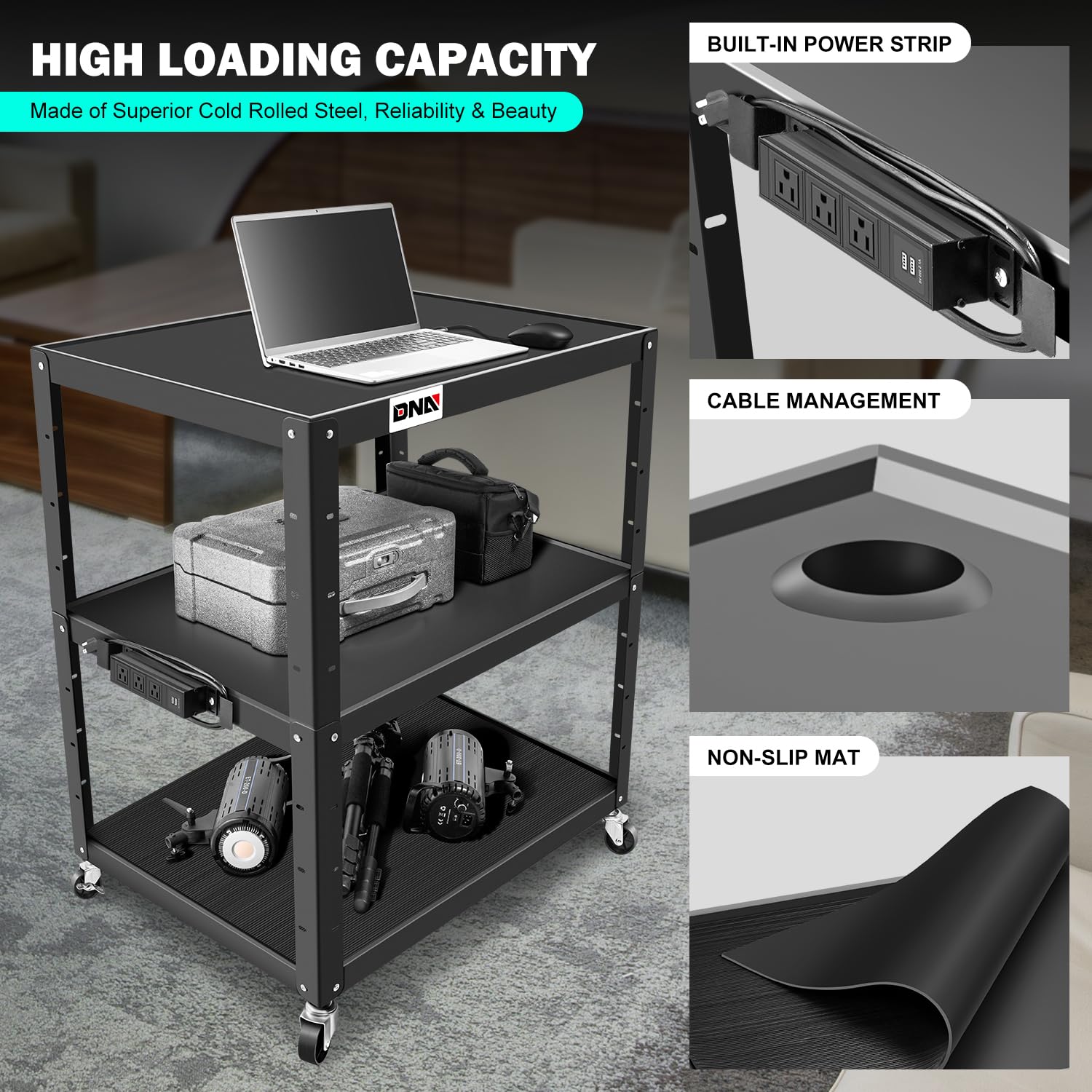 DNA Motoring 3-Layer Utility Steel AV Cart with Wheels Power Strip, 35" x 25" x 24"-42" Height Adjustable Rolling Projector Cart,TOOLS-00137