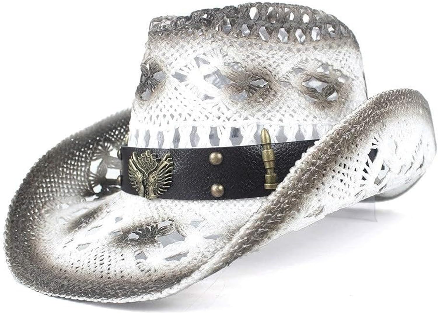 XIUNYIE Men Wide Brim Straw Hat for Summer Beach Outdoor Retro Cowgirl Western Style Hollow Weave Skull Leather Band Sun Hat Casual Fedora, White, 6 7/8-7 1/8