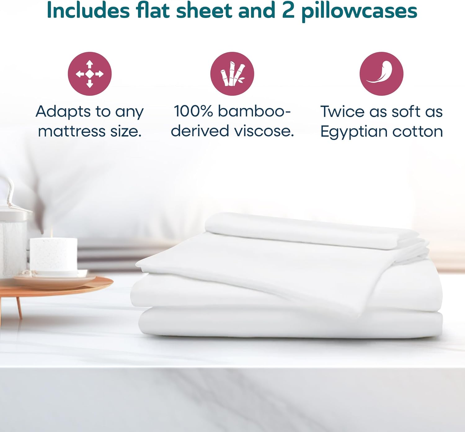 Sleepgram Viscose Fiber King Size Bed Sheet Set with Flat Sheet, Fitted Sheet, and 2 Pillowcases for Comfortable Night's Sleep, White