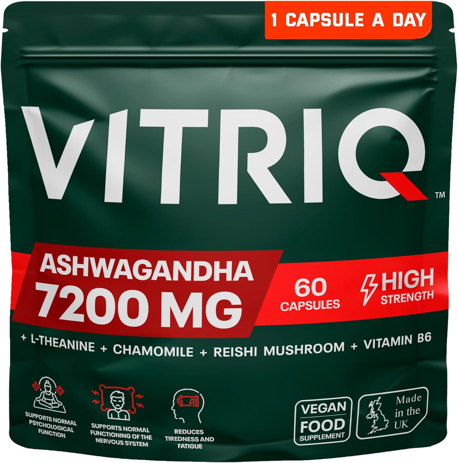 Organic Ashwagandha KSM-66 High Strength Complex 7200mg, 1-a-Day Capsule Calm Complex for Stress, Helps with Anxiety Relief & Restful Sleep with Chamomile, Reishi, L-Theanine, Vitamin B6-60 Capsules