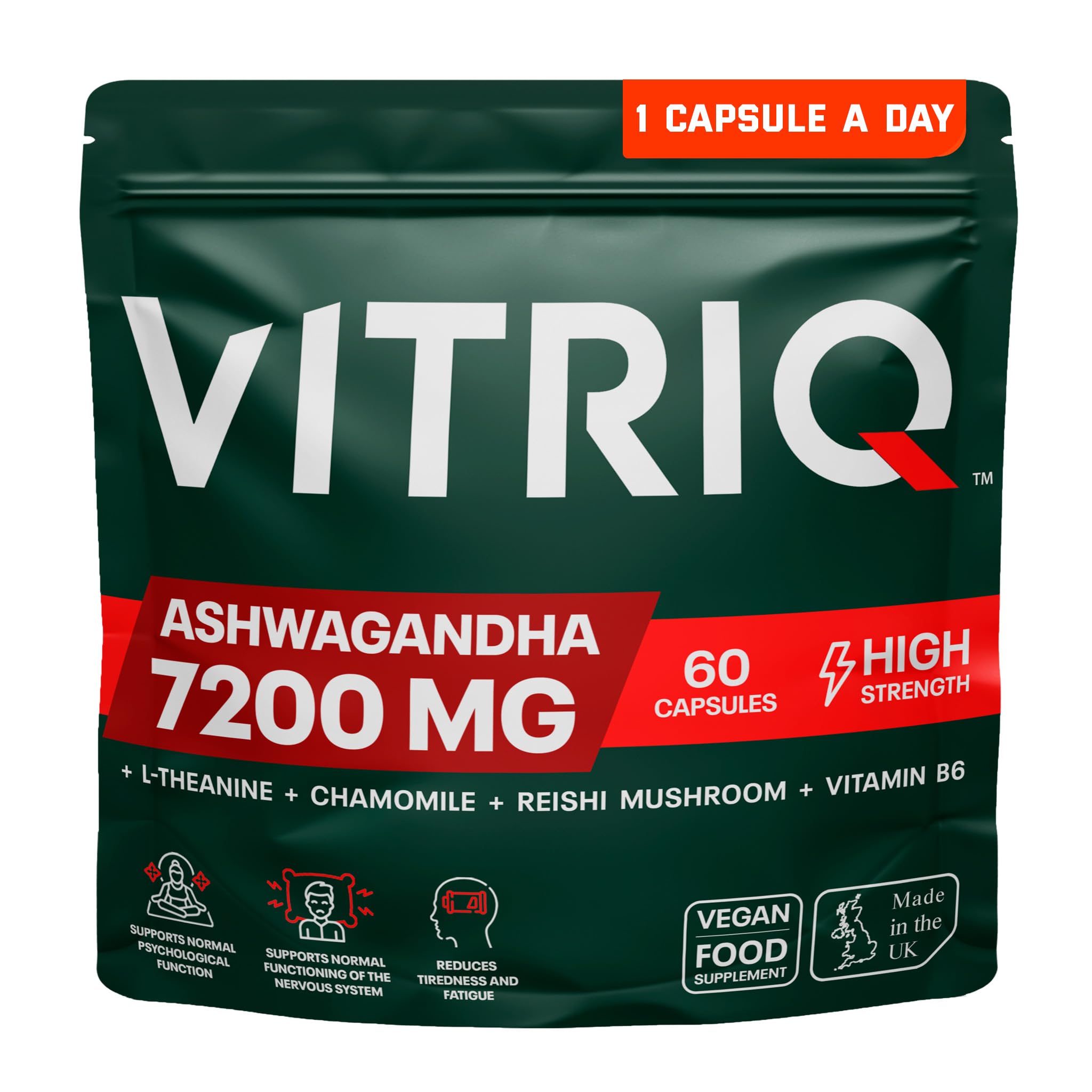 Ashwagandha High Strength KSM-66® Organic Complex 7200mg – 1-a-Day Vegan Capsule for Stress, Anxiety Relief & Restful Sleep – Enhanced with Chamomile, Reishi, L-Theanine & Vitamin B6 – 60 Servings
