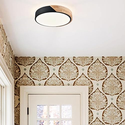 Miniatura 2 de TEENYO Lámpara de techo LED moderna de montaje empotrado de 11.8 pulgadas, 4000 K, luz de techo redonda minimalista negra y de madera, lámpara de
