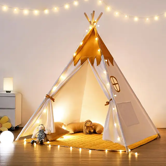Yellow Cotton Tipi Tent for Kids - Indoor Play Teepee with Light