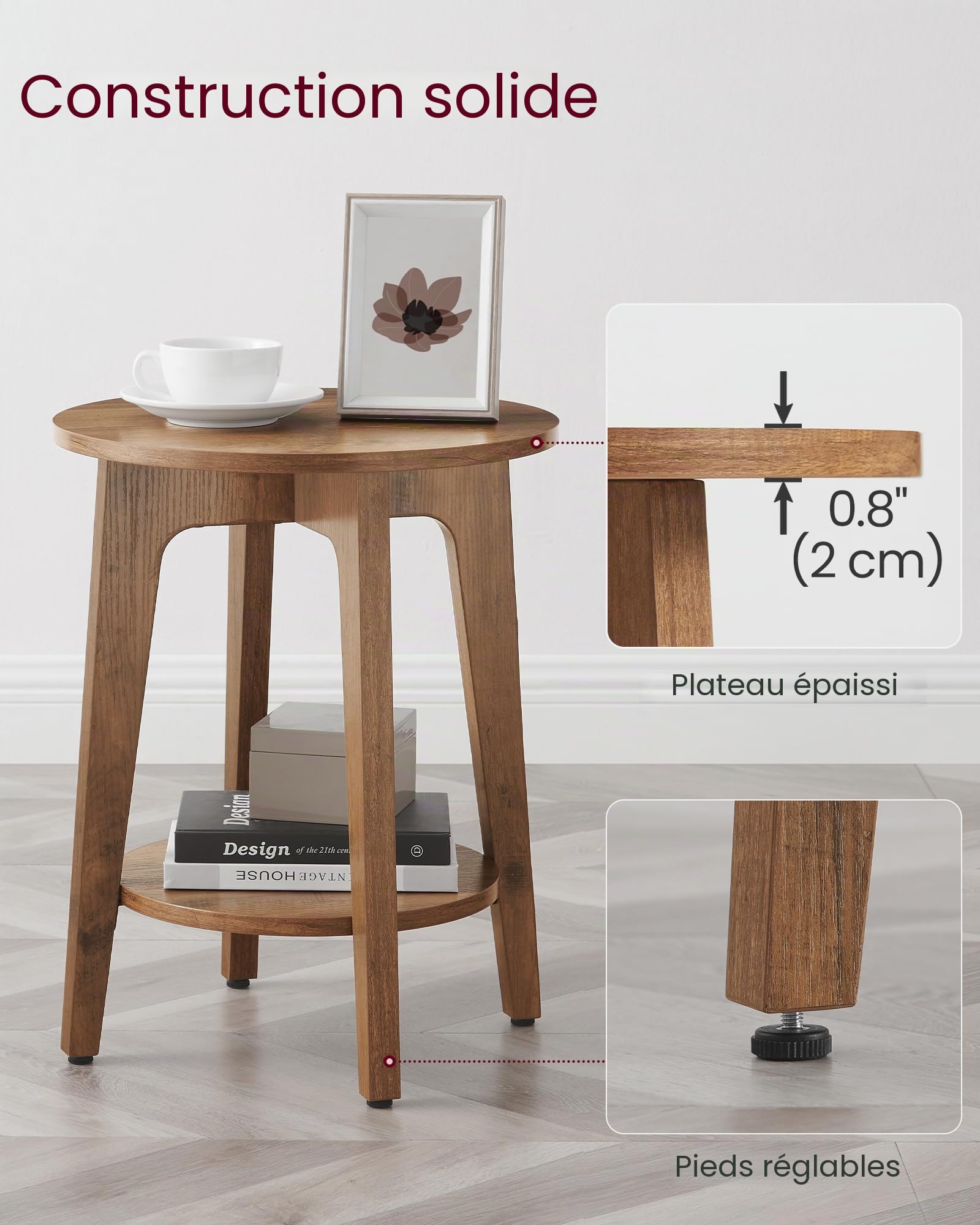 VASAGLE MAEZO Collection – Table d'appoint ronde à 2 niveaux, petite table de chevet avec pieds fuselés, transitions incurvées, pour petits espaces, salon, chambre à coucher, marron miel ULET283T41