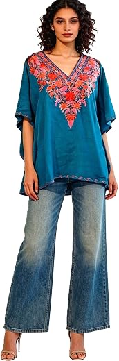 Women's Kashmiri Embroidered Short Hip Length Kaftan Tunic || Crash Cotton || V-Neck || Short Sleeve || Floral Design || F...