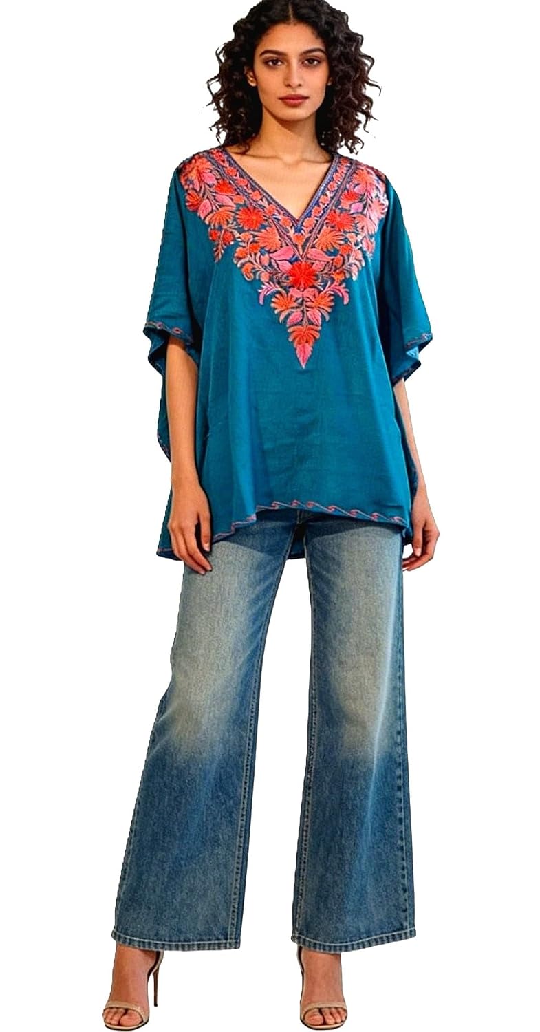 Women's Kashmiri Embroidered Short Hip Length Kaftan Tunic || Crash Cotton || V-Neck || Short Sleeve || Floral Design || F... - Review, Price and Buying Guide