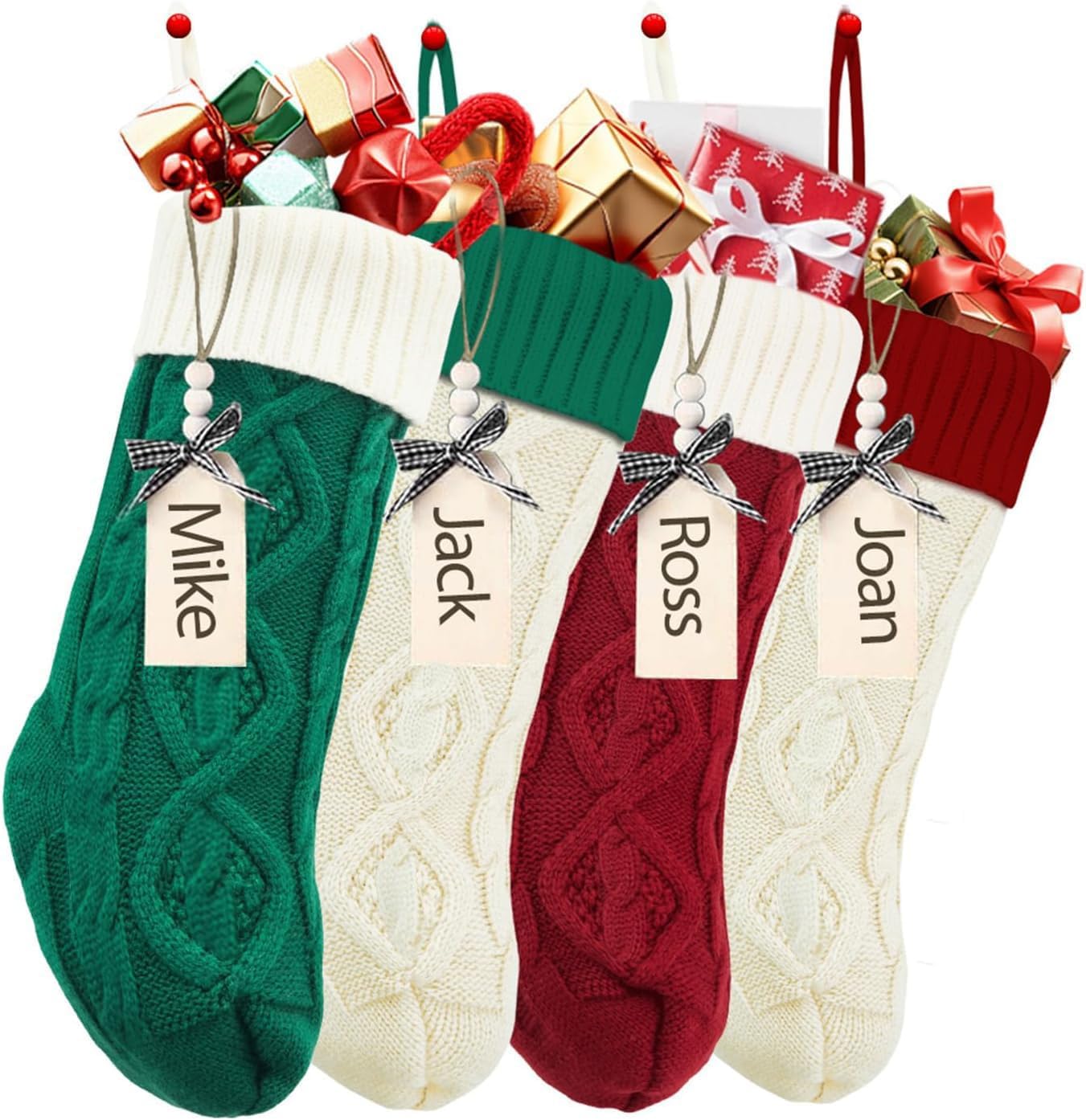 houscly Splicing Color Christmas Stockings with Name Tags, 18Inches Large Cable Knitted Personalized Xmas Stocking for 2024 Xmas Kids Gift, Family Fireplace Holiday Party Decoration R&G&W(4 Pc)