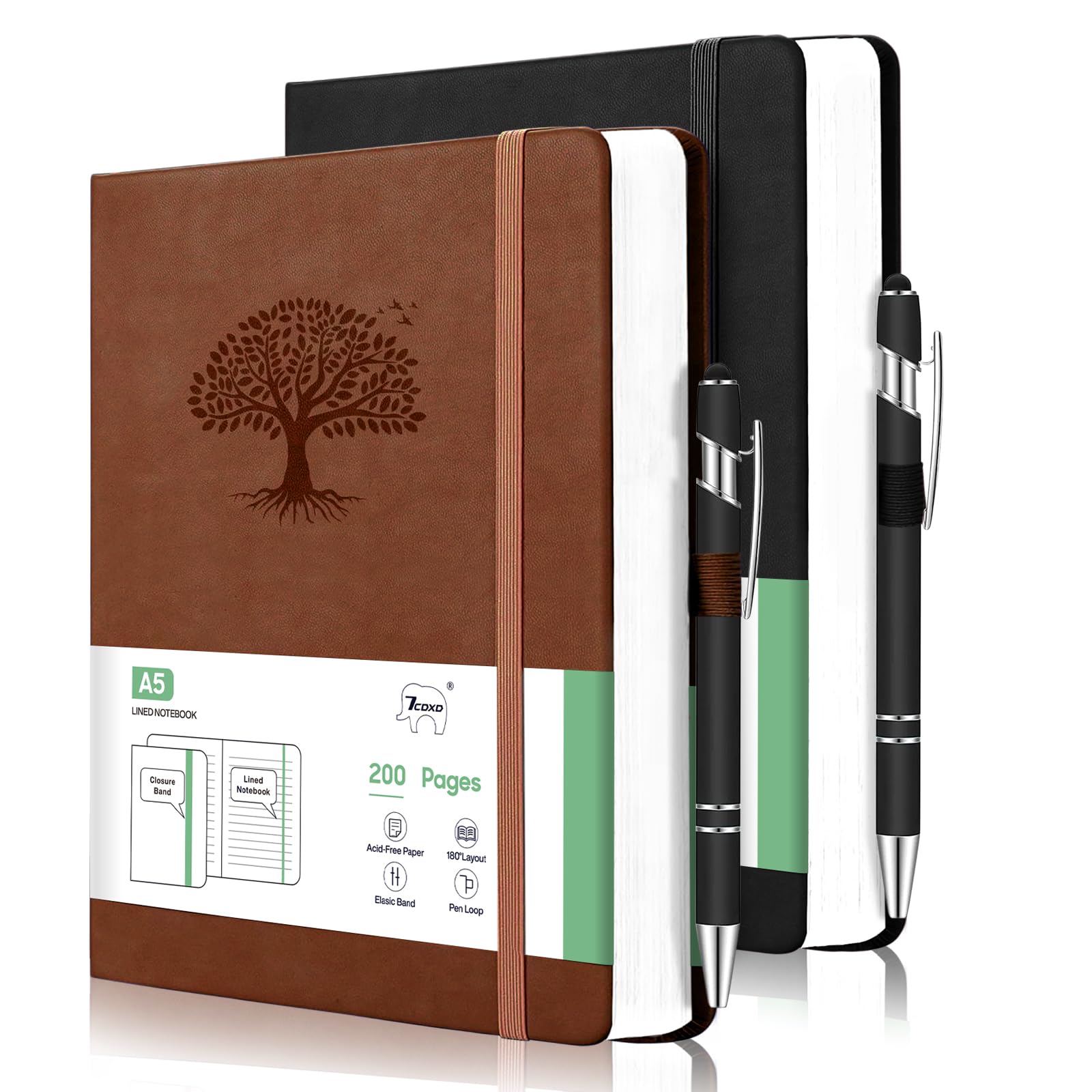 7CDXD 2 Pack Journal Notebook, 200 Pages A5 Leather Journal Notebook, Hardcover Notebooks 100GSM Lined Paper