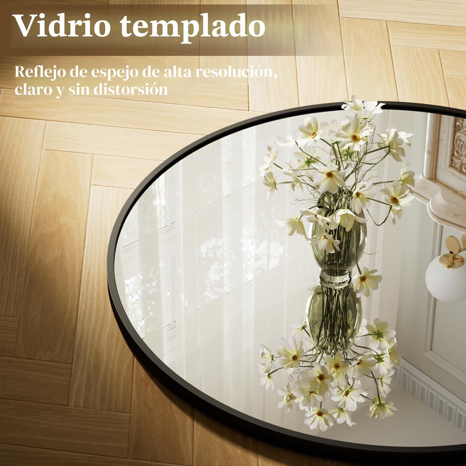 BEAUTYPEAK - Espejo redondo de 90 cm, espejo de pared irrompible con marco de aluminio, espejo de baño para colgar y apoyar, espejo de pared redondo para dormitorio, baño, sala de estar
