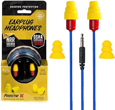 سماعات أذن Plugfones Protector Volume Limited Audio، سدادات أذن متوافقة مع إدارة السلامة والصحة المهنية مع الصوت والأزرق والأصفر