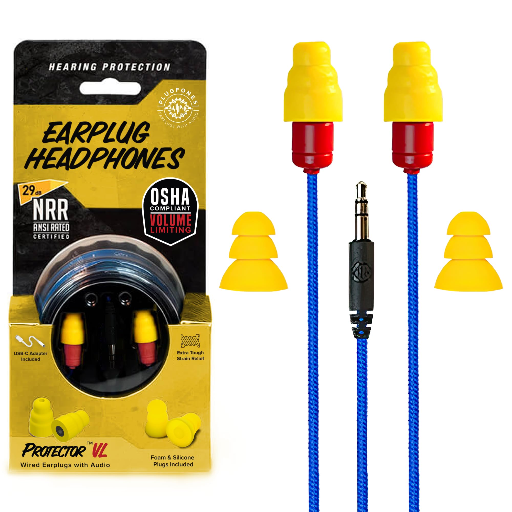 Plugfones Protector VL Audio Earbuds, OSHA Compliant Earplugs with Sound, Blue & Yellow