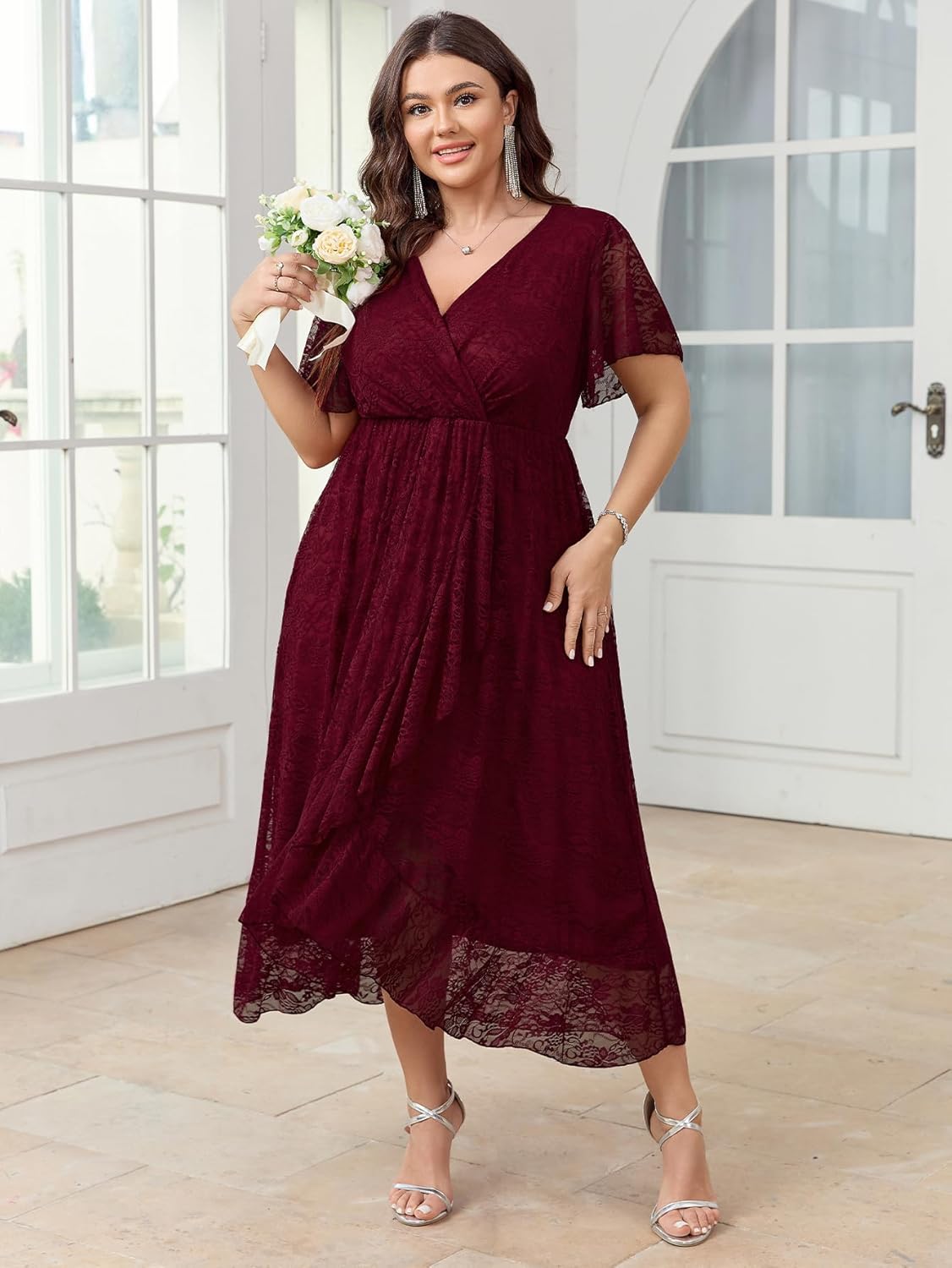 SCOMCHIC Womens Plus Size Wedding Guest Dress Formal Lace Wrap V Neck High Low Short Sleeve Cocktail Maxi Dresses XL-4XL - Image 5