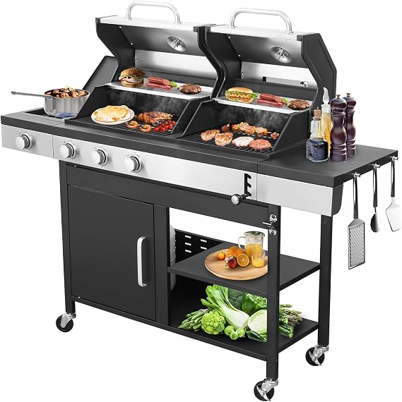 Gas and Charcoal Grill Combo with Side Burner Dual-sided Frying Plate Thermometer Wheels Side Table 37,230BTU Gas Grill for Patio Garden