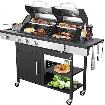 Gas and Charcoal Grill Combo with Side Burner Dual-sided Frying Plate Thermometer Wheels Side Table 37,230BTU Gas Grill for Patio Garden