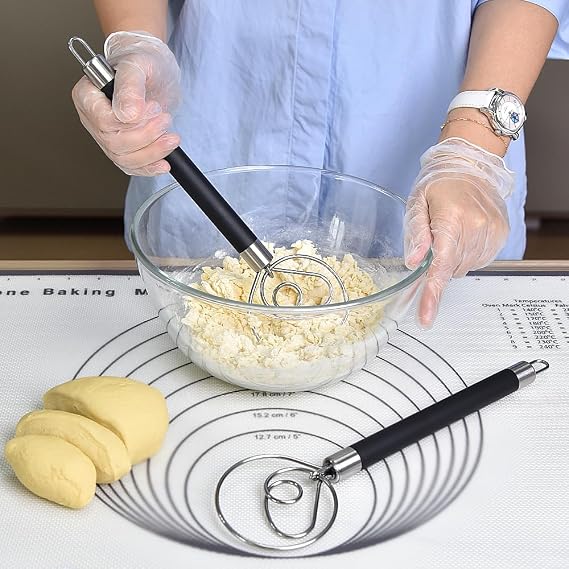 Stainless Steel Dough Whisk, Dough Mixer with Anti-Slip Handle Bread Whisk Dough Blender Baking Tool for Cake Bread Biscuits Muffins and Pancakes