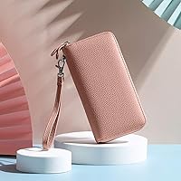 Vista 6 de Cartera para mujer con bloqueo RFID, de piel auténtica, con cremallera alrededor, cartera de mano, cartera de mano, cartera larga de viaje para mujer