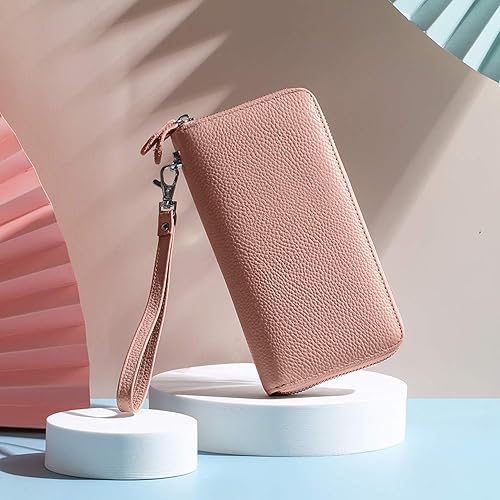 Miniatura 6 de Cartera para mujer con bloqueo RFID, de piel auténtica, con cremallera alrededor, cartera de mano, cartera de mano, cartera larga de viaje para mujer