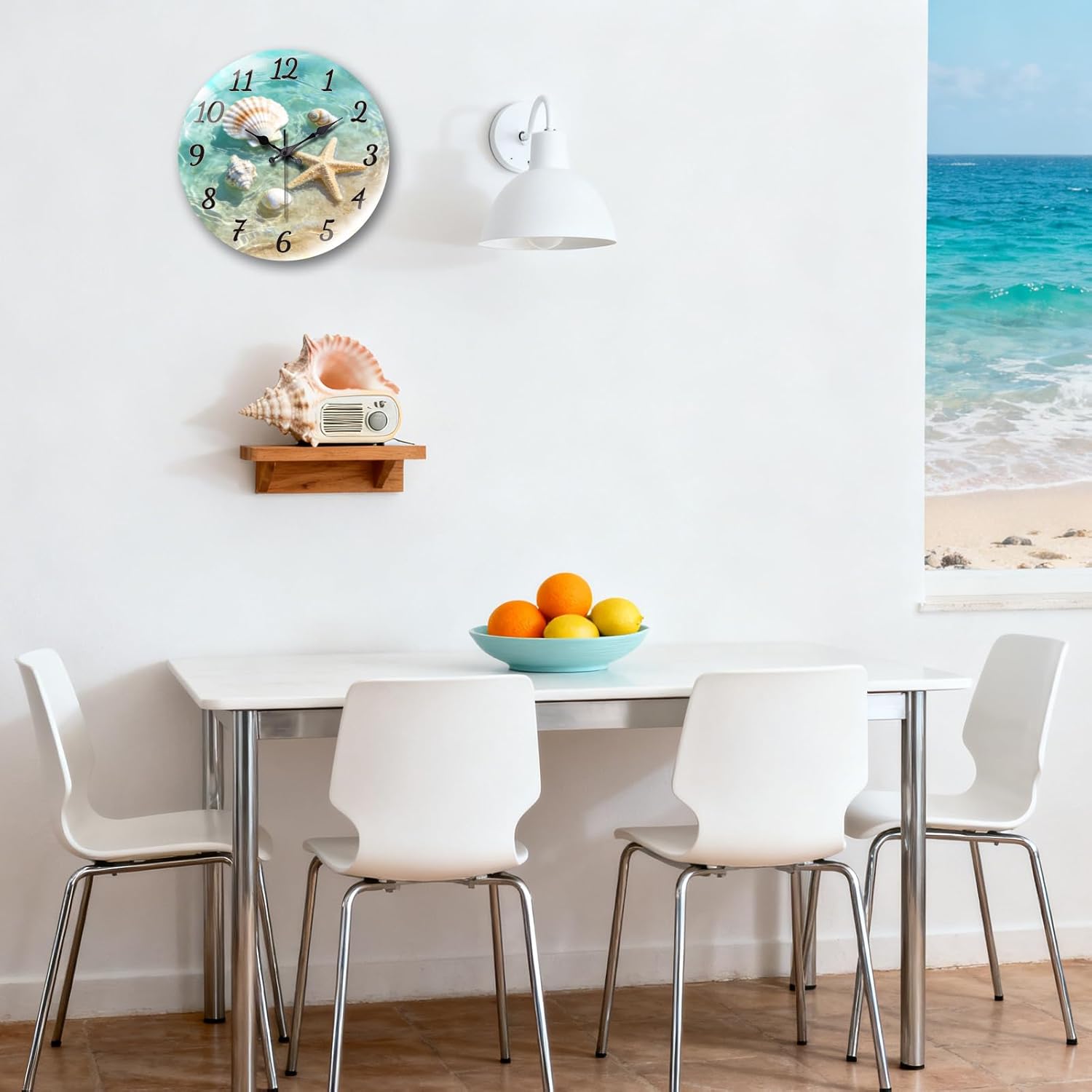 peacoblue Wall Clocks Battery Operated 12 Inch Seaside Shell and Starfish Glass Round Wall Clock Non Ticking for Kitchen Living Room Dining Room Bedroom and Bathroom Decor (Battery not Included)