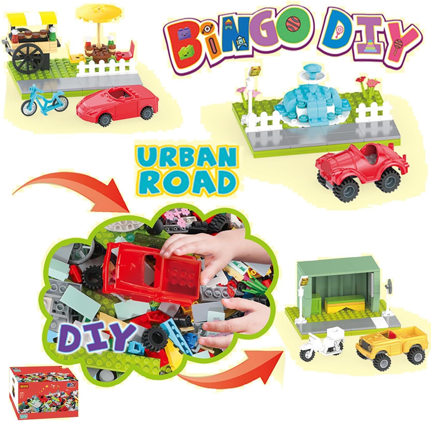 SEEMEY 600+PCS City Building Blocks Bulk Set, Compatible Bricks with Vehicles, Shops & Figures, Creative Streets Play Pack