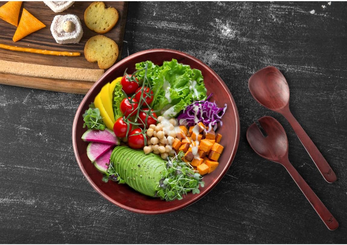Melvvi Large Wooden Salad Bowl Set with 2 Serving Utensils | 12" Acacia Wood Royal Brown color Bowls for Food | Great Gift for Mothers Day (Royal Set of 3)