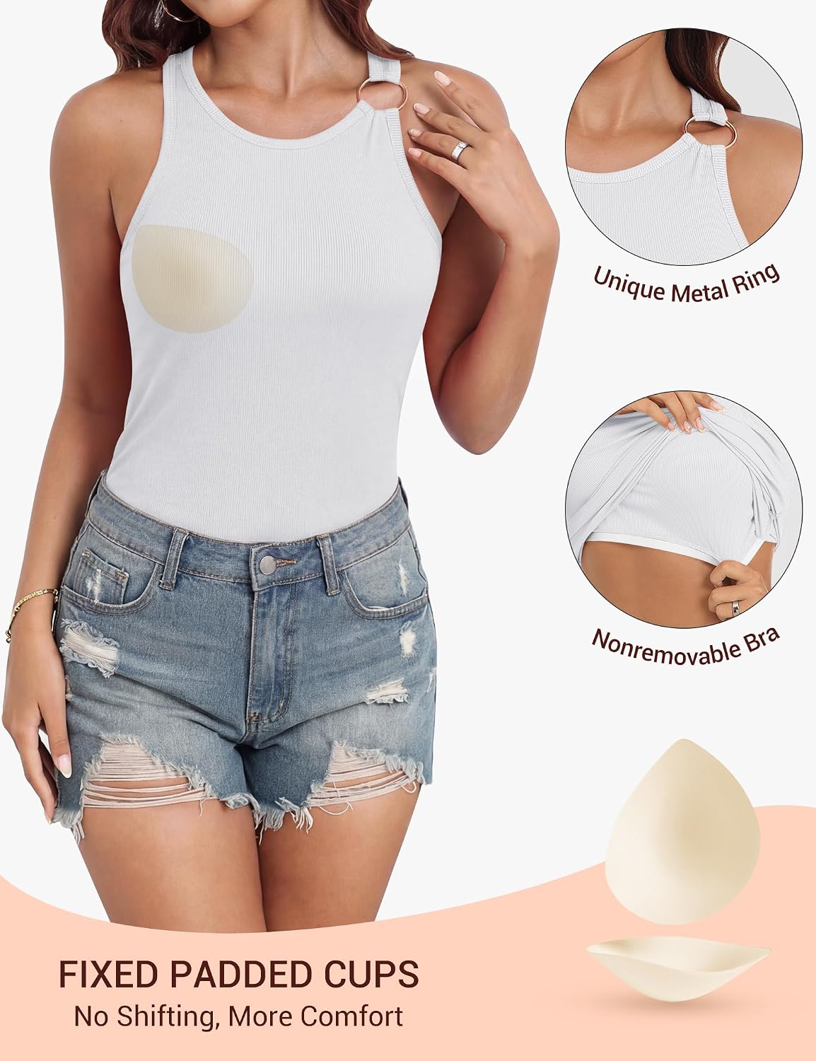OwnTime Womens Tank Tops with Built in Bra Summer High Neck Sleeveless Padded Shirts Racerback Ribbed Casual Basic Tops