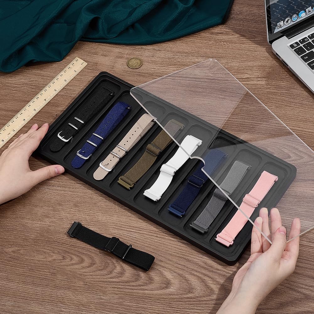 PH PandaHall 8 Slots Wooden Watch Band Organizer Black Watch Band Storage Case 1.5 Inch Wide Watches Strap Display Tray Watches Bands Holder with Clear Lid for Men Women Home Stores Storage Showcase