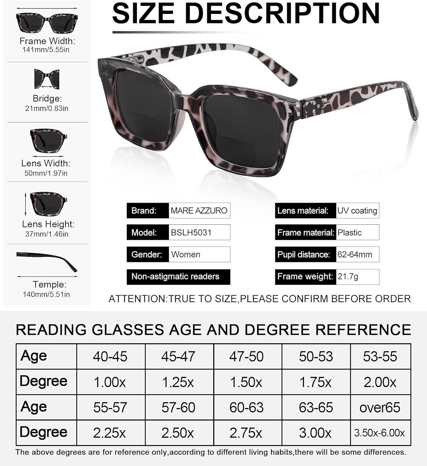MARE AZZURO Bifocal Reading Sunglasses Women Trendy Large Square Readers Sunglasses 1.0 1.5 2.0 2.5 3.0 3.5 4.0 (Leopard, 2.00)