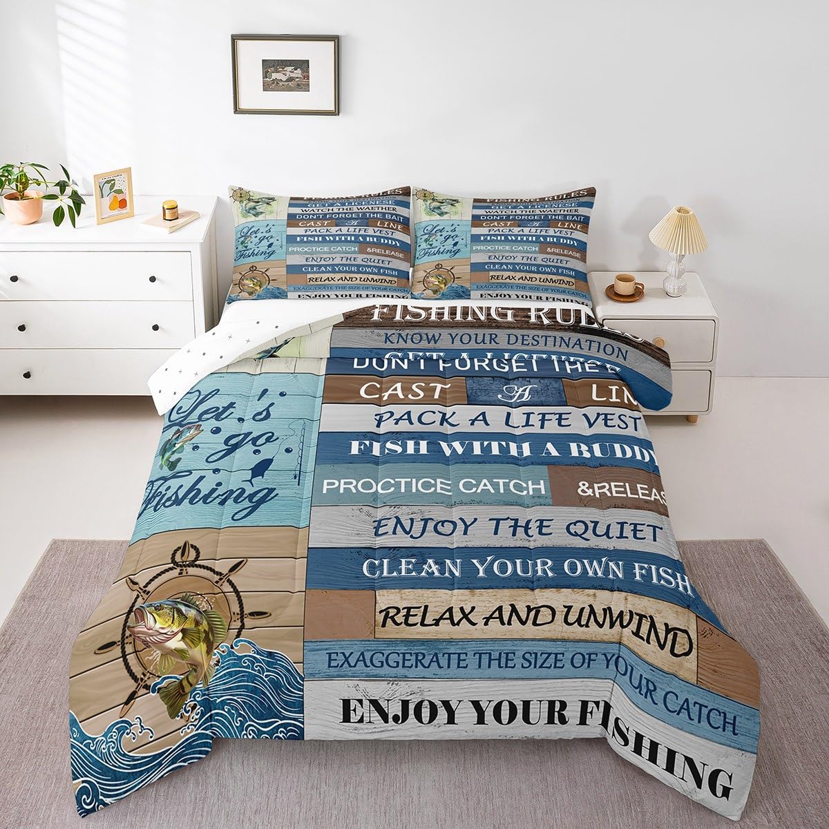 Feelyou Kids Happy Camping Bedding Set Full Size, Bass Fish Duvet Insert Fishing Rules Comforter Set Boys Girls Rustic Teens Bedroom Decor 3Pcs