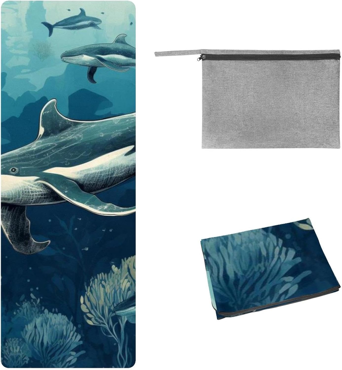 Yoga Towel, Whale Sea Pattern Non Slip Sweat Absorbent Hot Yoga Mat Towel for Hot Yoga, Pilates and Fitness - 72.8" x 26.8"