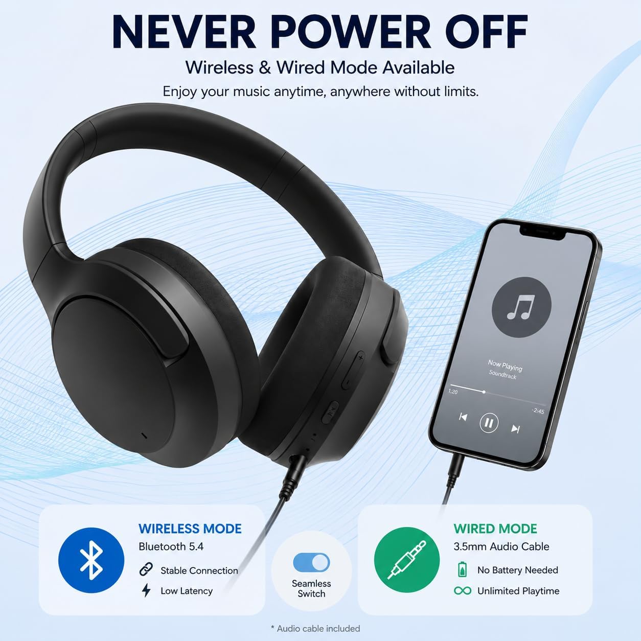 Active Noise Cancelling Headphones, Wireless Over Ear Bluetooth 5.4 Headphones with Microphone, 40H Playtime, Foldable Headset with HiFi Sound & Deep Bass for Travel Home Office