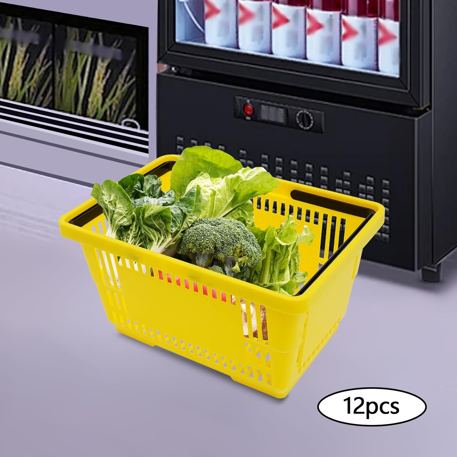 Shopping Baskets Set of 12, 18L Plastic Store Retail Baskets with Handles, Durable Plastic Shopping Cart Portable Grocery Basket for Supermarket Bookstores Grocery Shopping, Yellow