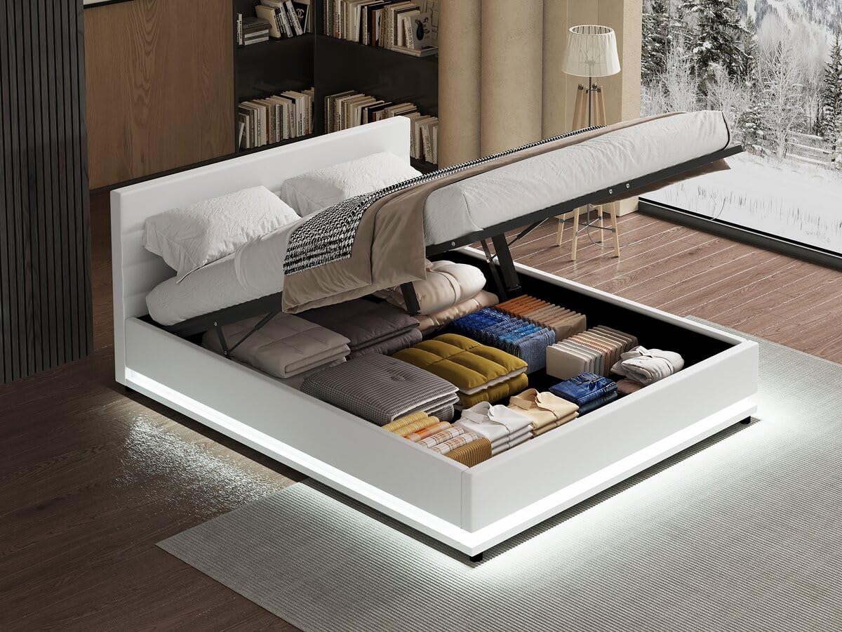 Habitat et Jardin - Lit Double LED Anastasia en Simili Blanc avec Coffre Rangements 160 x 200 cm | Cadre de Lit 2 Places Design | Sommier à Lattes et Tête de Lit Inclus