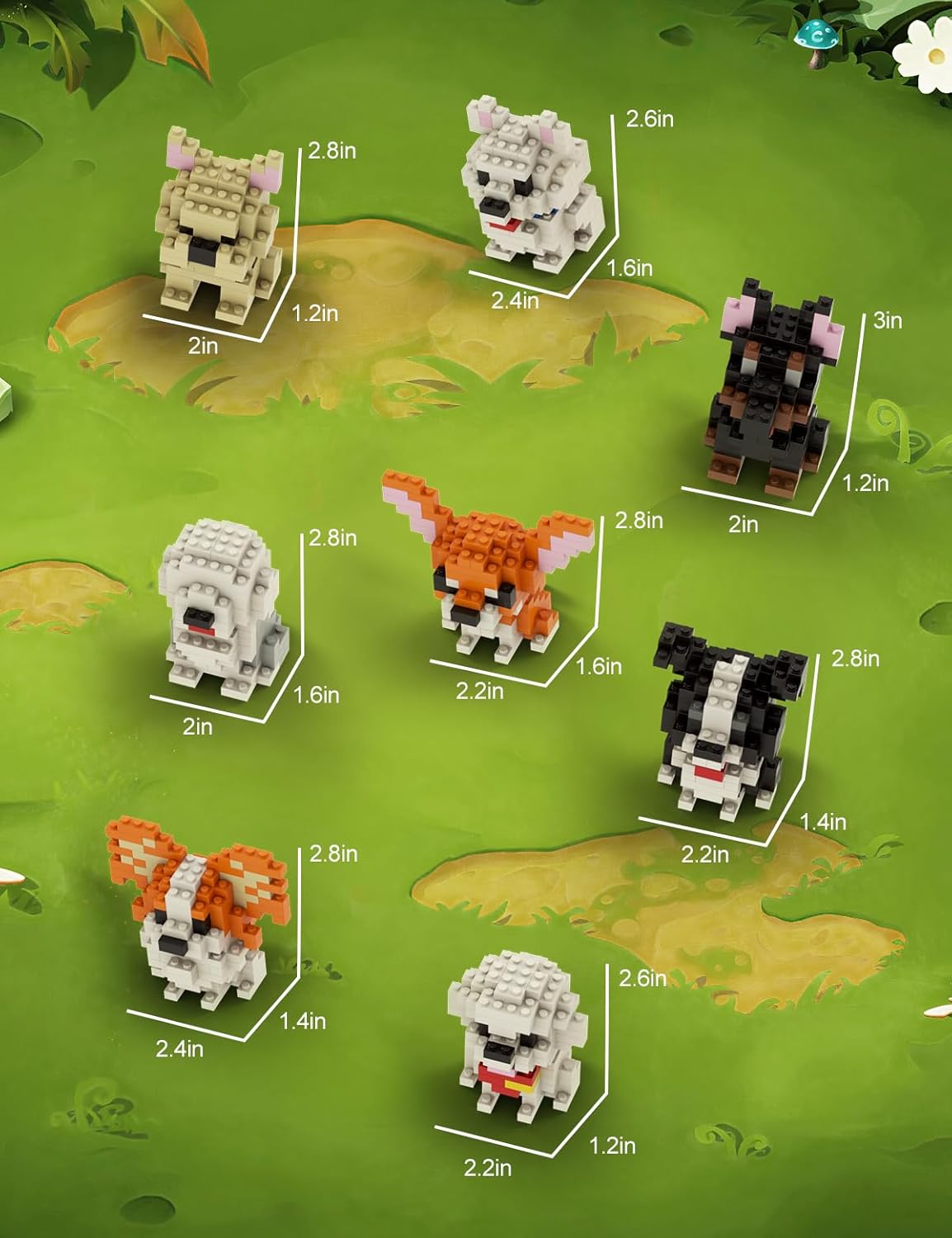 Diagram showing the dimensions of various SEMKY Micro Mini Blocks dog models.