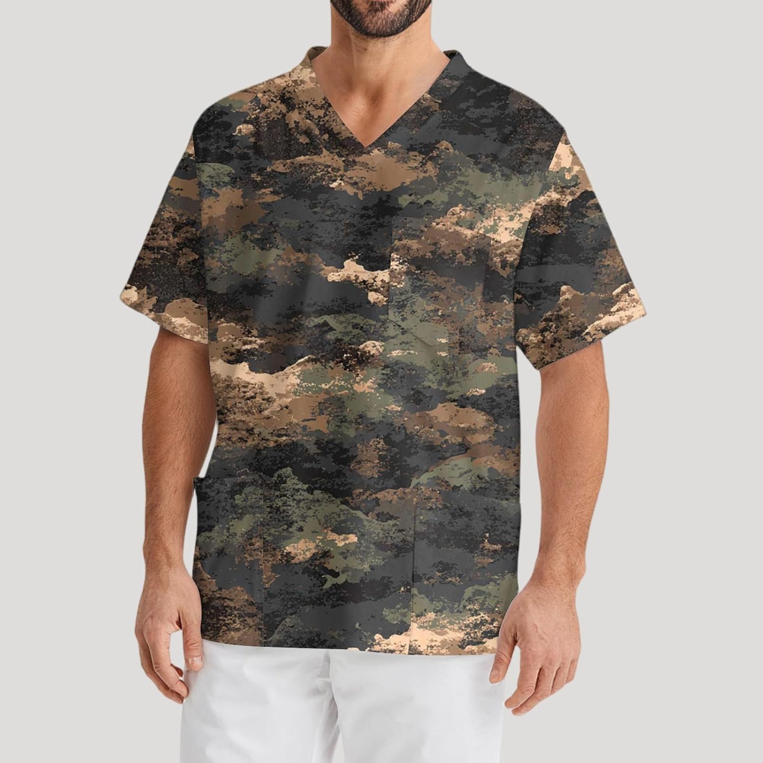 WENKOMG1 Men's Camo Scrubs Top and Unisex Uniform Scrub Shirts with Pockets