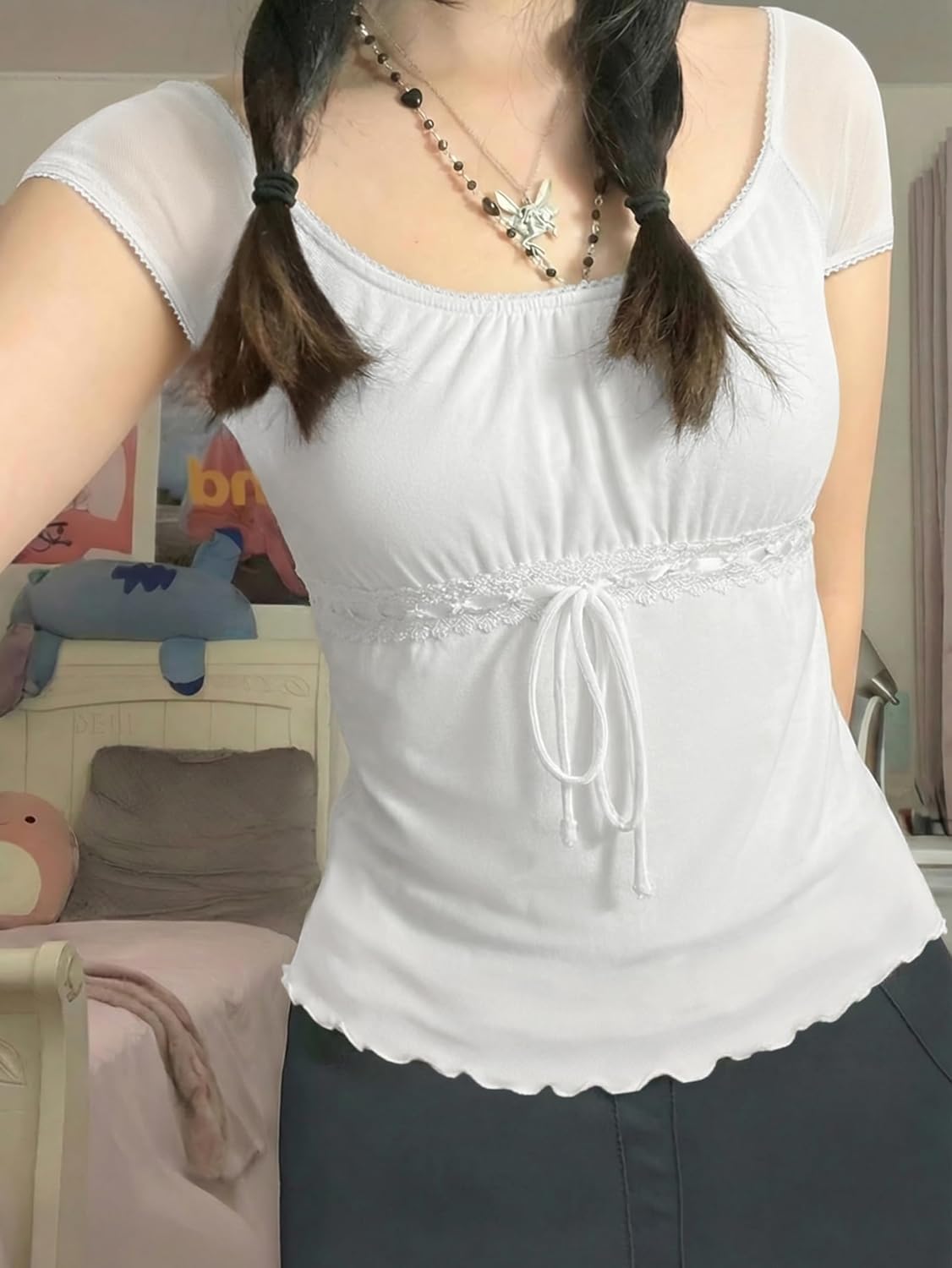 Y2K Mesh Top Women Babydoll Short Sleeve Shirt Scoop Neck Ruffle Hem Clothes - Image 2