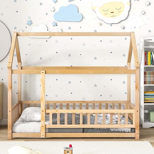 Miniatura 15 de Altillo Cama de casa con valla, camas Montessori de madera para niños con techo, cama de tienda, cama de piso de madera, marco de cama estilo casa