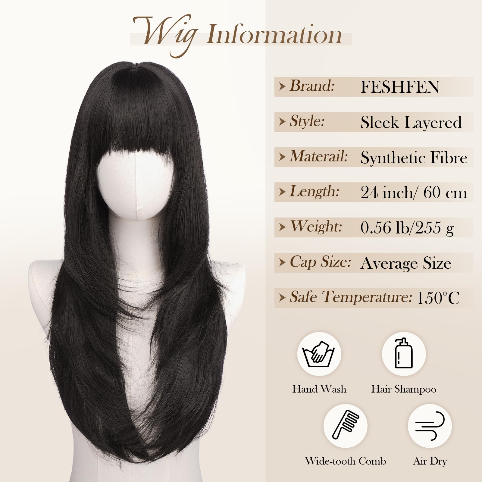 FESHFEN Perruque Layered avec Frange - Perruques Lisse et Droite pour Femmes Noir Brun Cheveux Naturels Synthétiques Wig pour Fêtes Quotidienne, 60 cm