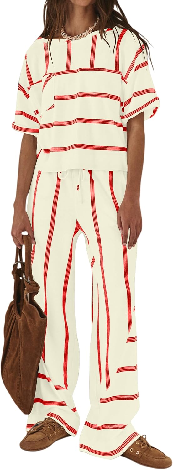 HOCANDY Womens Striped Lounge Set Rolled Short Sleeve Tops and Wide Leg Pants Oversized Vacation Travel Sets with Pockets