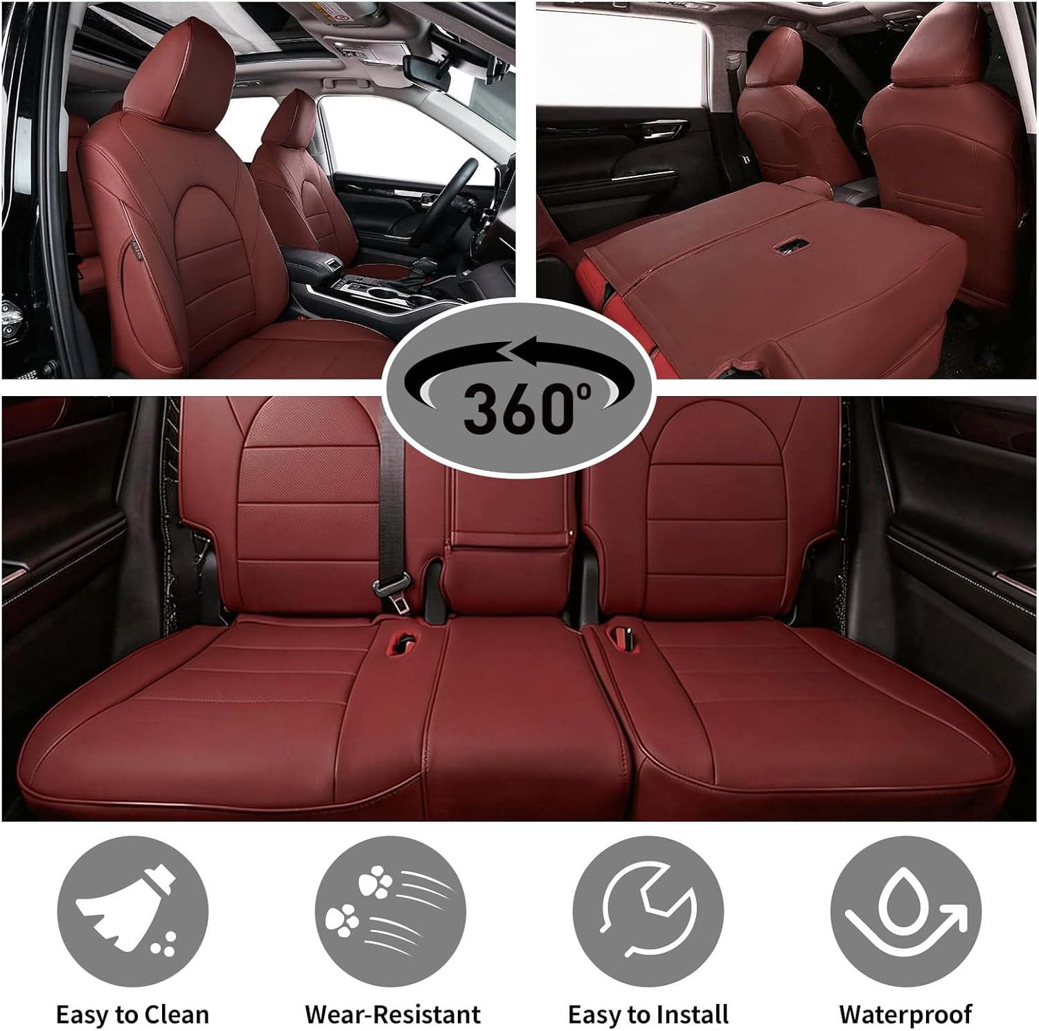 EKR Highlander Seat Covers for SUV Toyota Highlander 2020 2021 2022 2023 2024 2025 2026,2nd Row 40/60 Split,Car Seat Covers Front Seats Back Seat,Leather Seat Covers Full Set-Faux Leather(Burgundy)