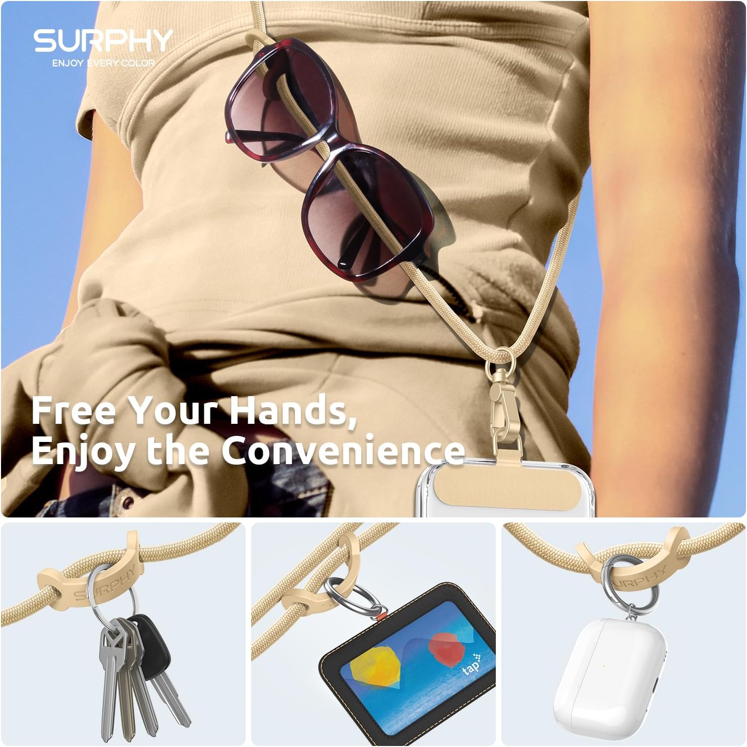 Neutral phone crossbody strap worn with a casual summer outfit for airport, travel and hands-free sightseeing