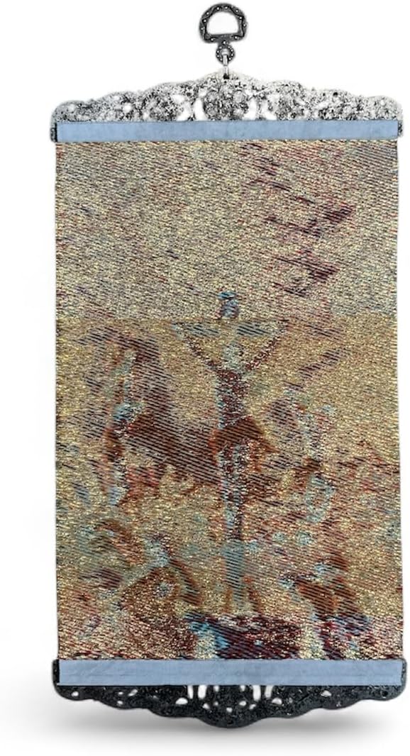 Hand Woven Vintage Religious Tapestry, Crucifixion Scene Canvas Print with Ornate Metal Frame, Religious Christmas Gift, Christian Christmas Gift, Antique Silver Floral Border, Christian Home Decor Wall Art