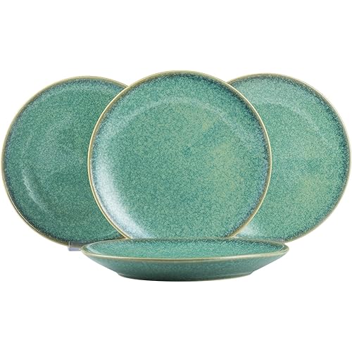 HENXFEN LEAD 10 Inch Dinner Plates Set, Porcelain Serving Dishes for Salad, Pasta, Dessert Microwave, Dishwasher Safe Plates Set of 4 - Reactive Green