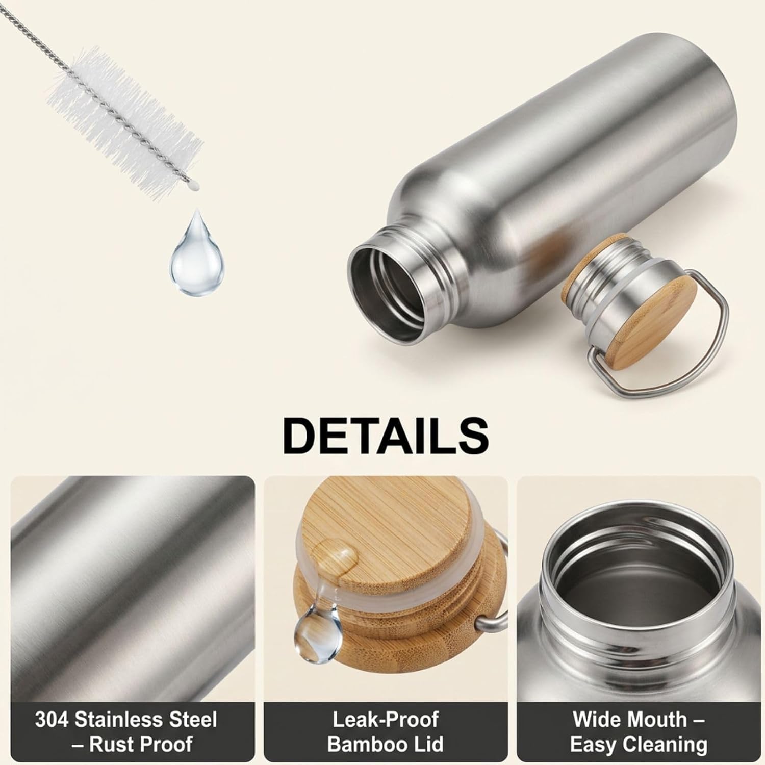 Stainless Steel Sports Water Bottles, 4 Pack 34oz Single Wall Metal Bottle, Leak-Proof 304 Stainless Steel Canteen with Bamboo Lids and Handle, for Outdoors, Hiking, Gym and Travel